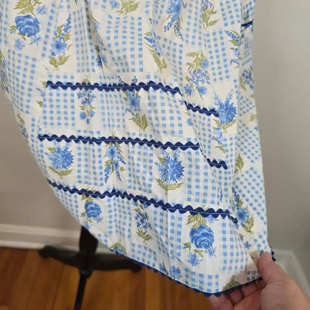 Vintage Half Apron Blue Gingham Floral Patchwork Tie Back Classic 60s 50s Retro